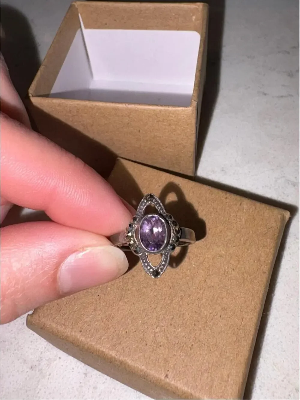 Vintage Sterling Silver Purple Gemstone Marcasite Ring - Size 6.5